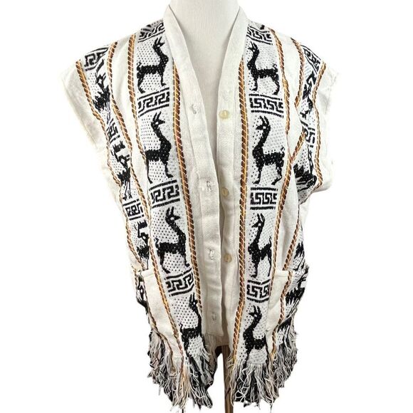 Vintage Artisan Made Alpaca Print Fringe Souvenir Vest M - Picture 1 of 5